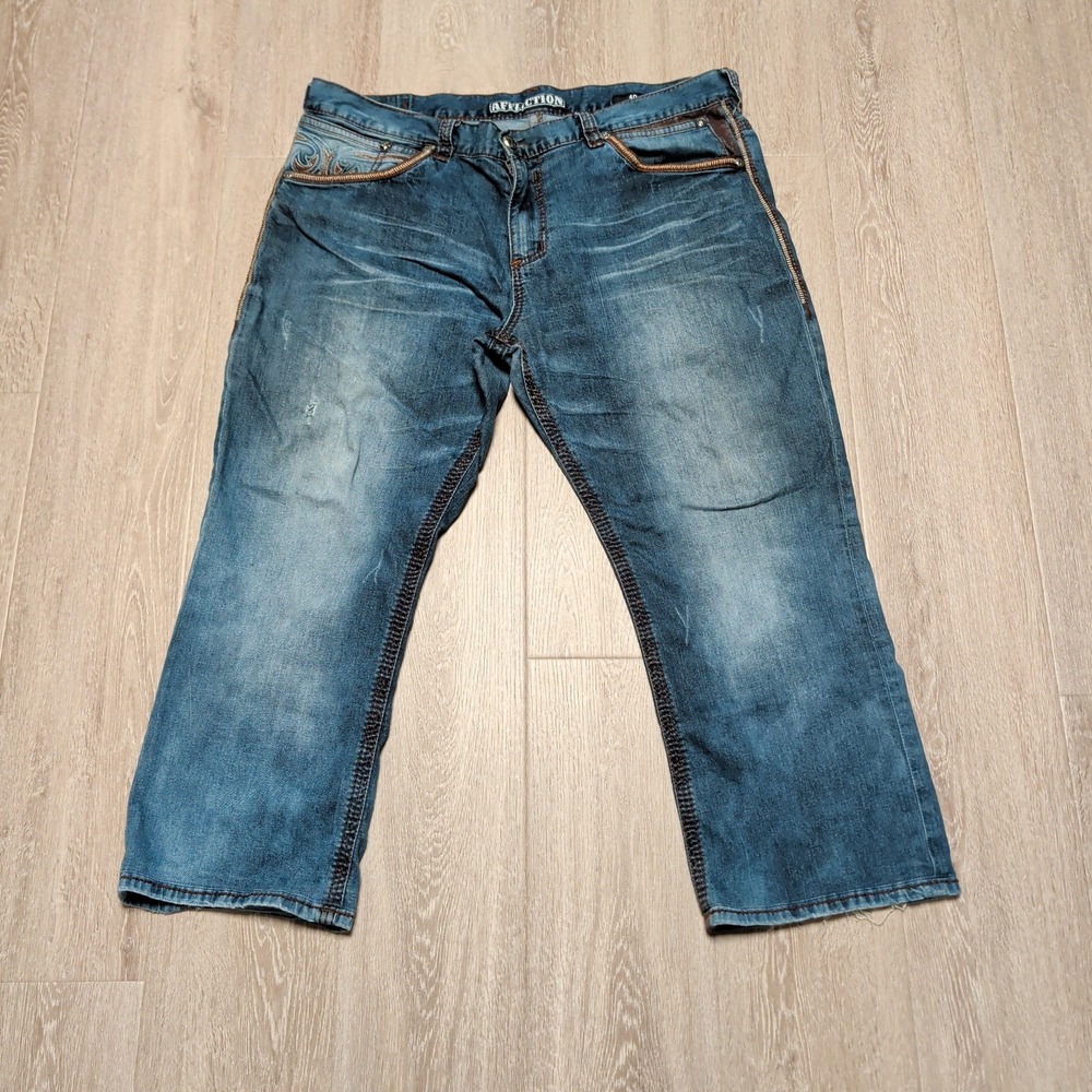 Affliction Blake Jeans Mens 40x26 Blue Straight Leg Short Embroidered‎ Trim Y2K